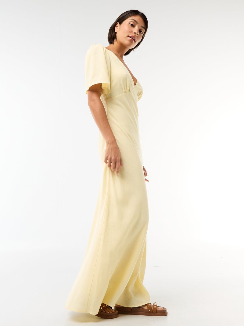 Vestido largo liso de manga corta Amarillo - Kiabi