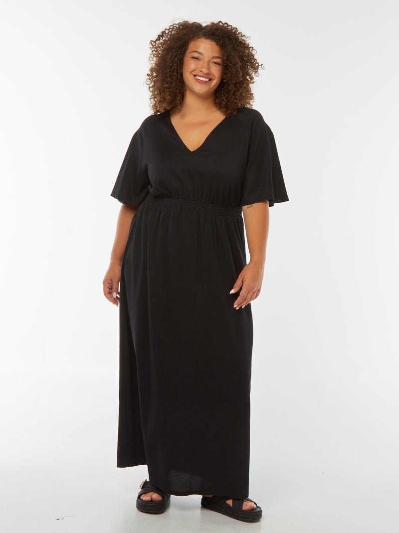 Vestido largo liso de punto gofrado negro - Kiabi