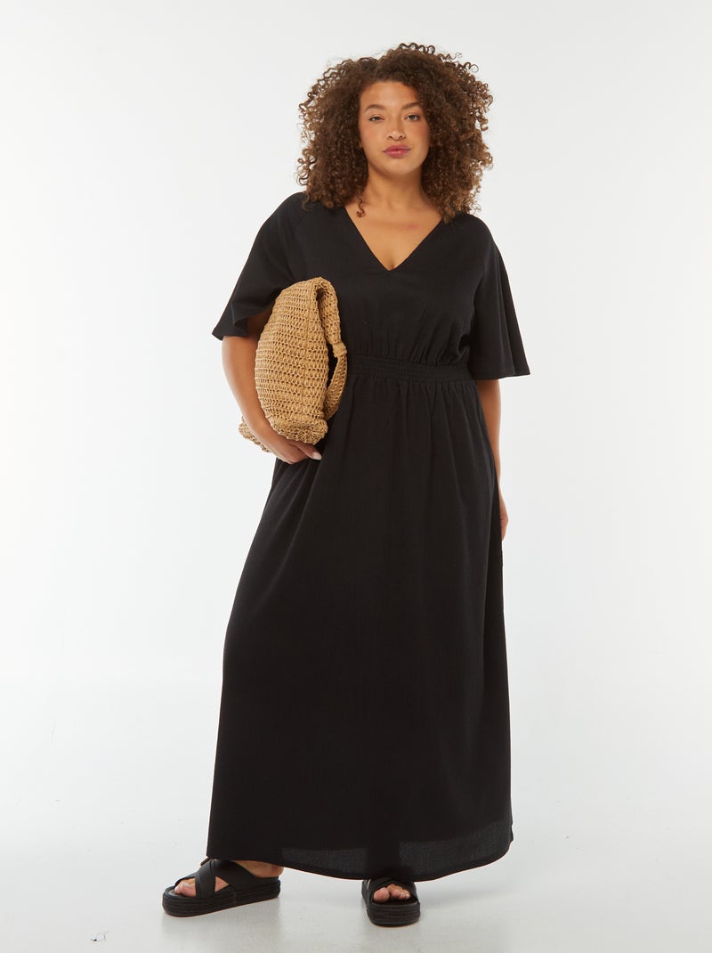 Vestido largo liso de punto gofrado negro - Kiabi