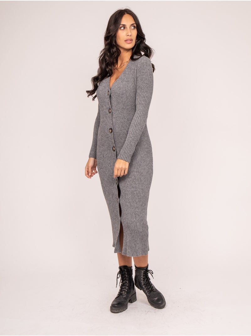 Vestido largo maille côtelée IVERNY Gris jaspeado - Kiabi