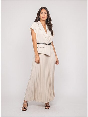 Vestido largo plisado con cinturón INARA