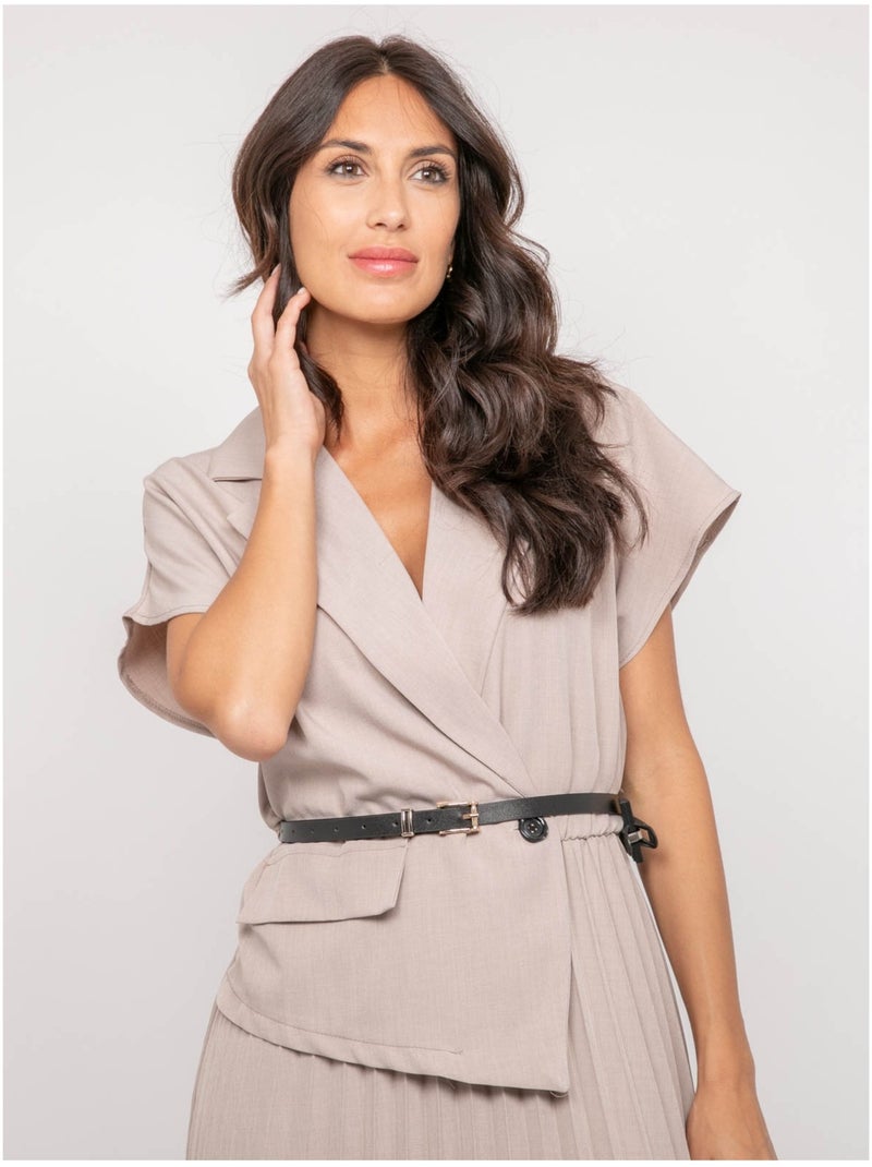 Vestido largo plisado con cinturón INARA Gris - Kiabi