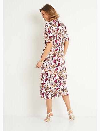 Vestido largo plisado estampado con escote en pico - AFIBEL