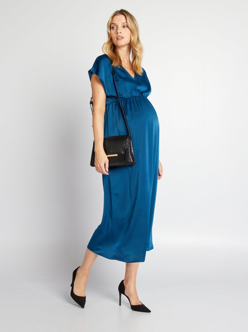 Vestido largo premamá satinado AZUL - Kiabi