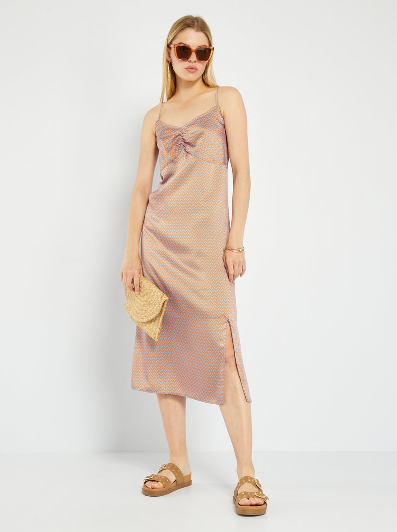 Vestido largo satinado con estampado AZUL - Kiabi