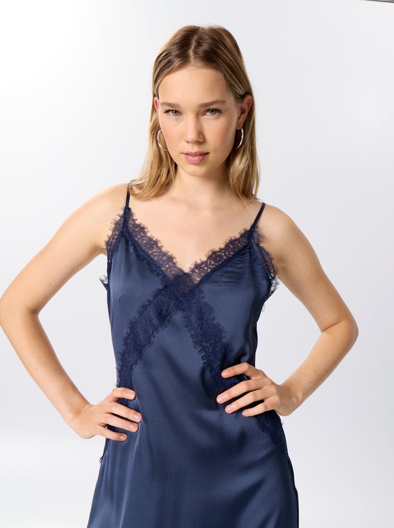 Vestido largo satinado y encaje Azul - Kiabi