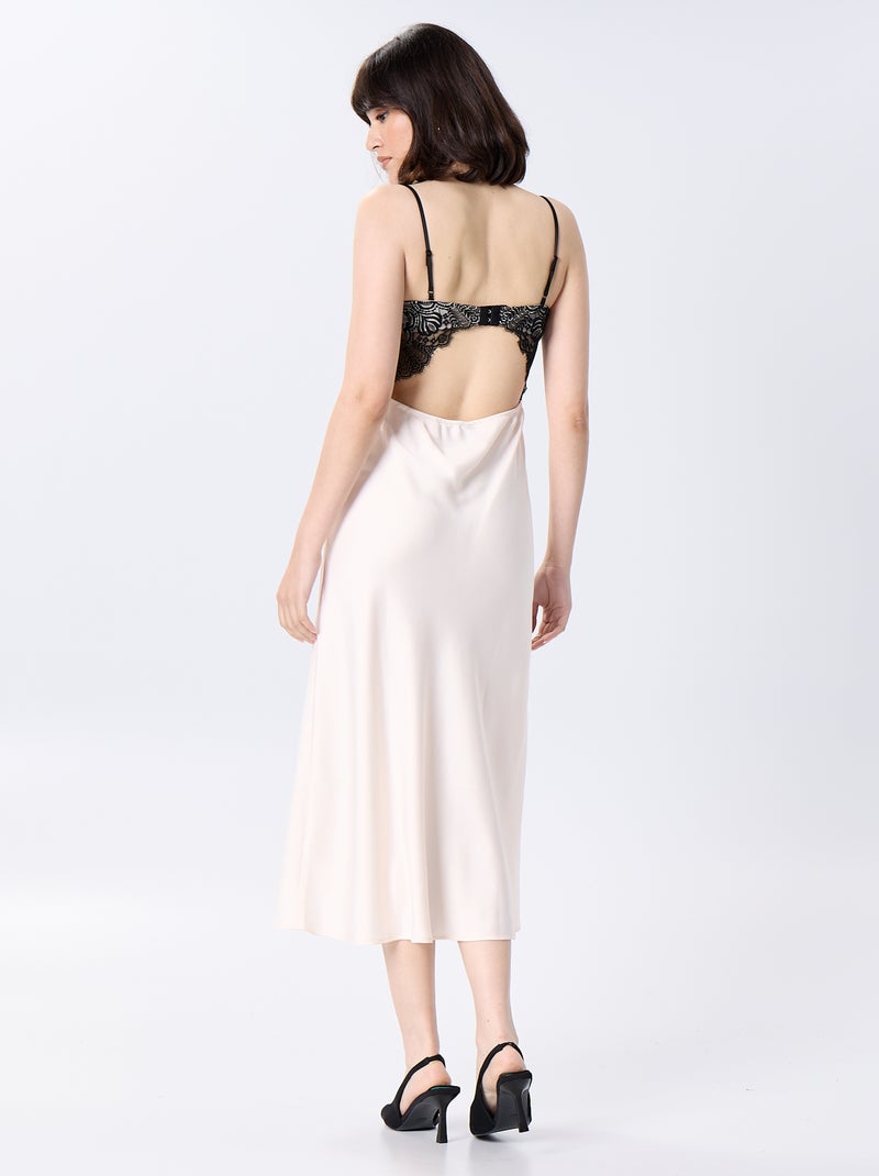 Vestido largo satinado y encaje Beige - Kiabi