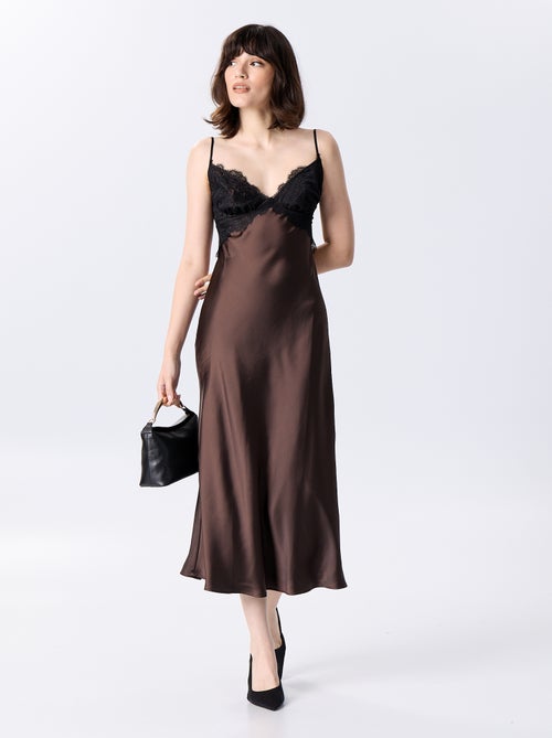 Vestido largo satinado y encaje - Kiabi