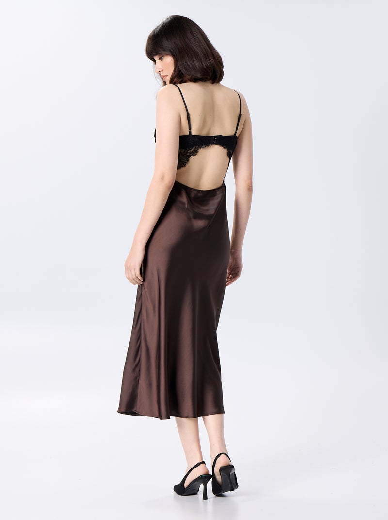 Vestido largo satinado y encaje Marron - Kiabi