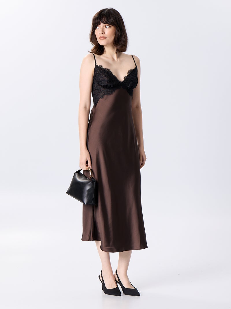 Vestido largo satinado y encaje Marron - Kiabi