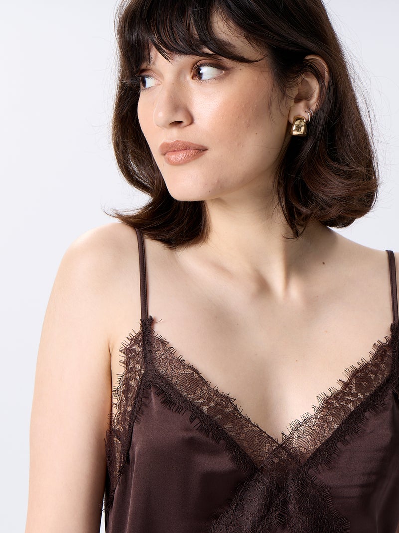 Vestido largo satinado y encaje Marron - Kiabi