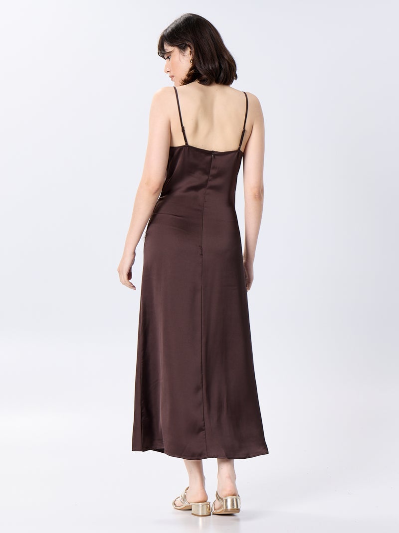 Vestido largo satinado y encaje Marron - Kiabi