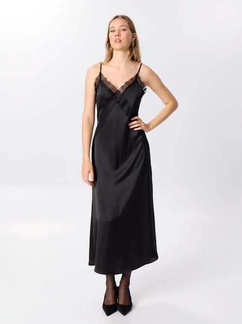 Vestido largo satinado y encaje - Kiabi