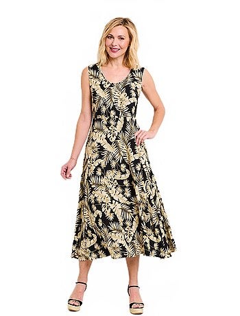 Vestido largo sin mangas con vuelo y estampado de follaje - Afibel
