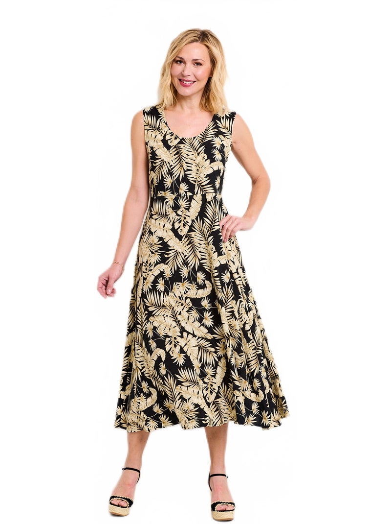 Vestido largo sin mangas con vuelo y estampado de follaje - Afibel Negro Crudo - Kiabi