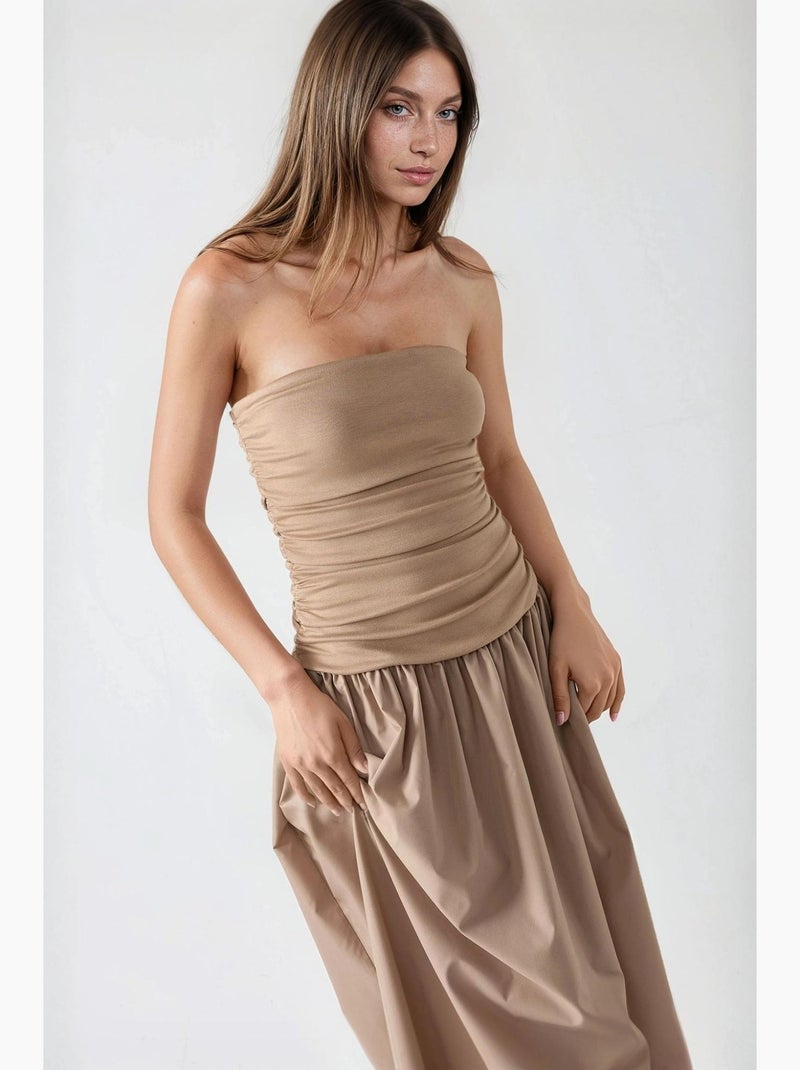 Vestido largo sin tirantes con corte en forma de a hiccup Beige arcilla - Kiabi