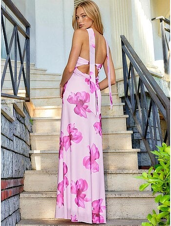 Vestido largo sin tirantes con estampado floral