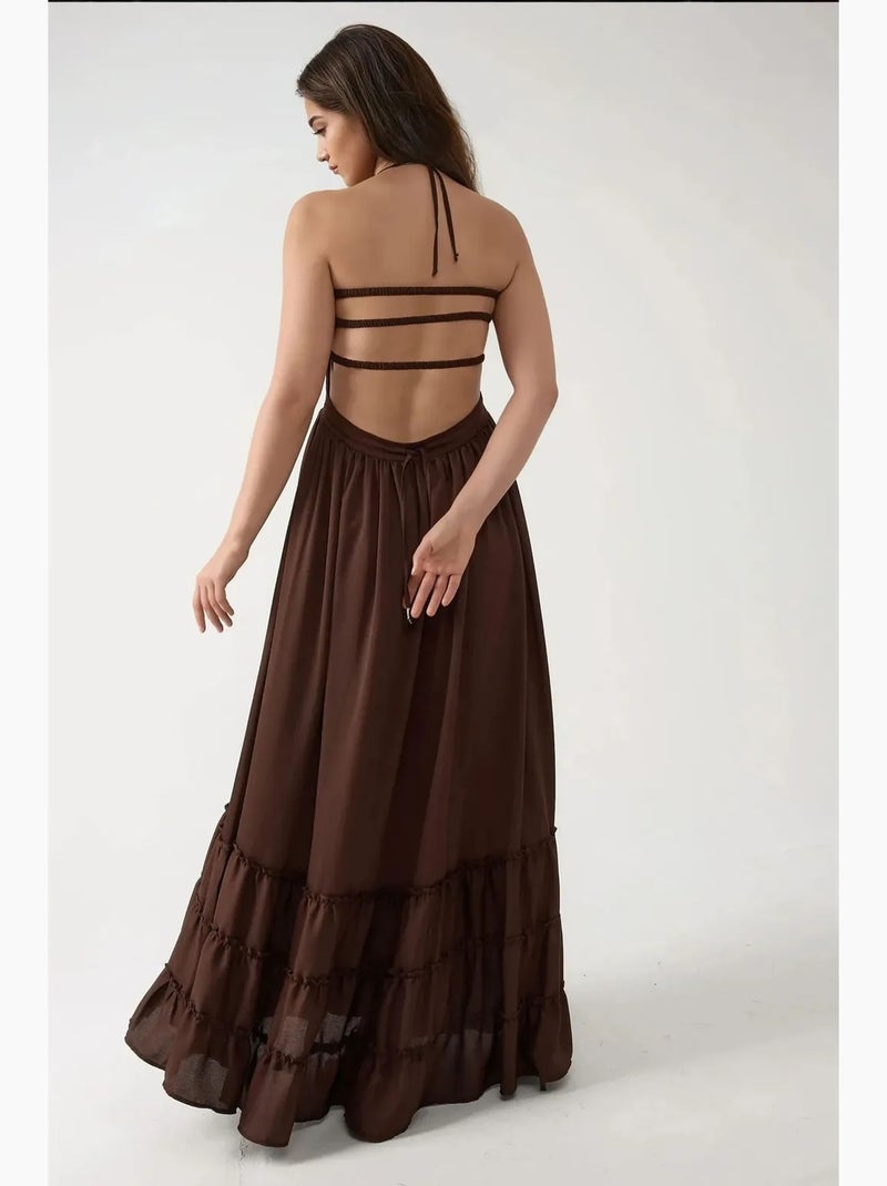 Vestido largo texturizado con cuello cuadrado hiccup Marrón oscuro - Kiabi