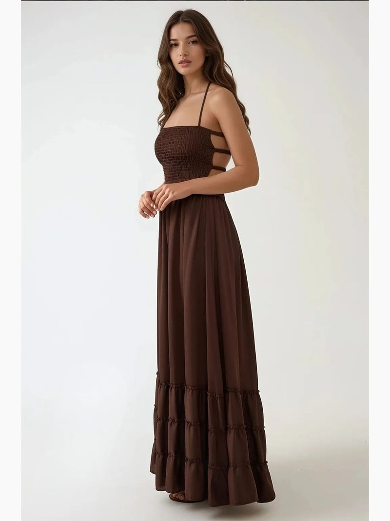 Vestido largo texturizado con cuello cuadrado hiccup Marrón oscuro - Kiabi