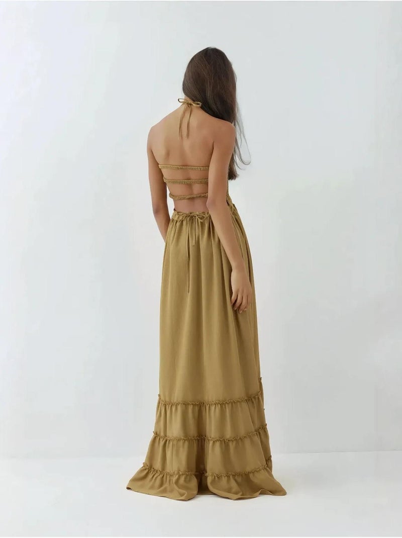 Vestido largo texturizado con cuello cuadrado hiccup Verde caqui - Kiabi