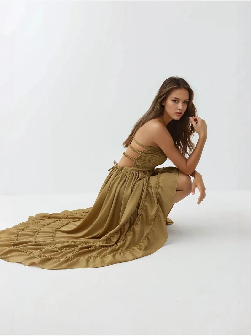 Vestido largo texturizado con cuello cuadrado hiccup Verde caqui - Kiabi