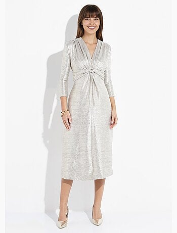 Vestido largo y brillante con escote en v plisado - afibel