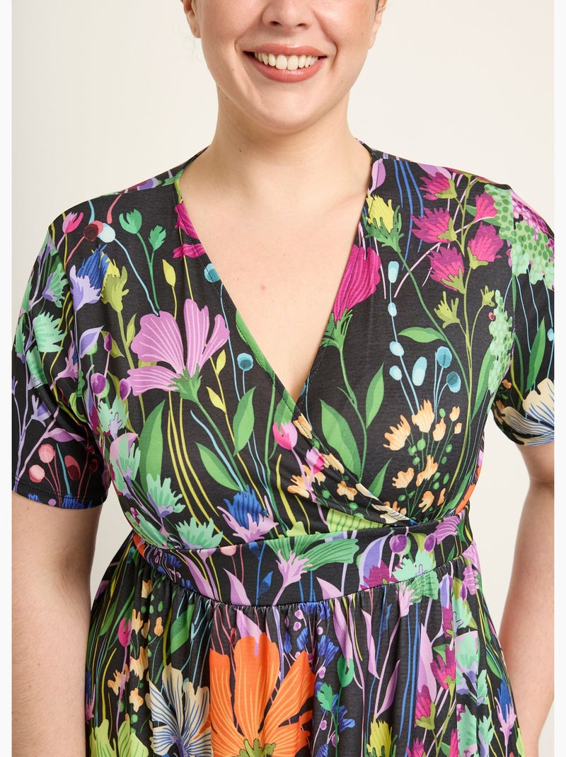 Vestido largo y fluido con mangas cortas y estampado floral. - Afibel Negro - Kiabi