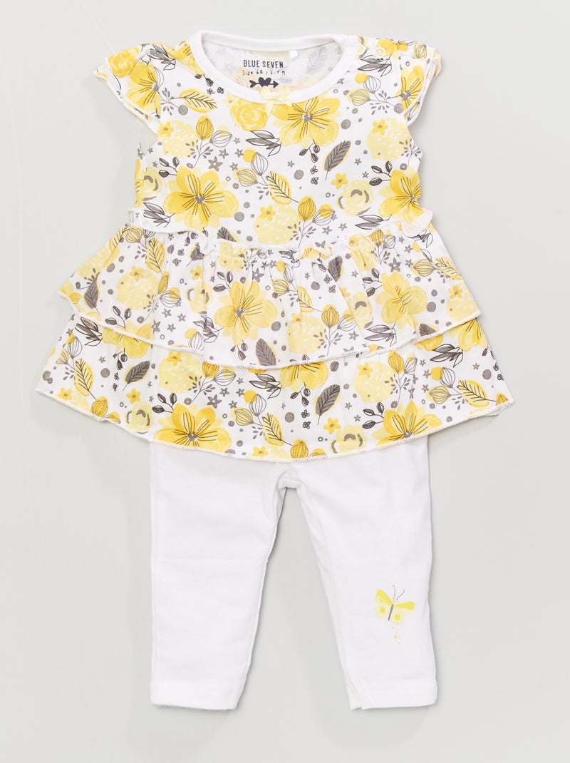 Vestido + legging de punto blanco/amarillo - Kiabi
