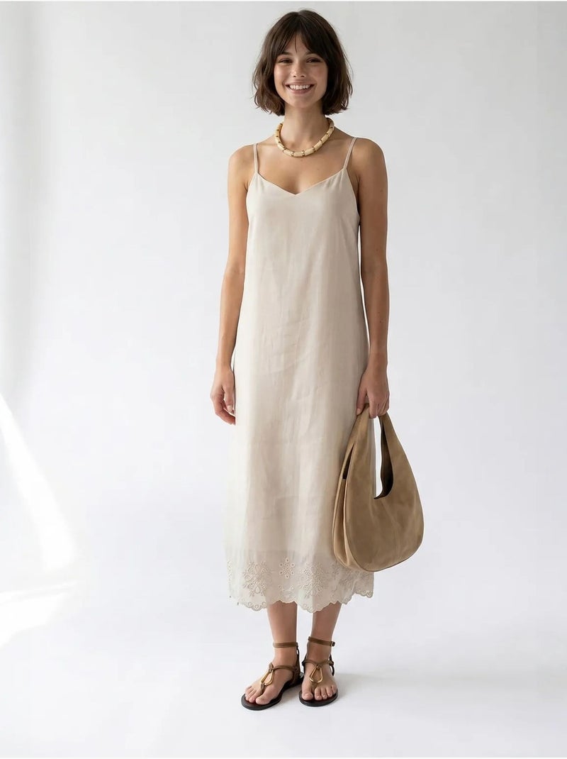 Vestido lencero midi de línea a bordado mixray Arena - Kiabi