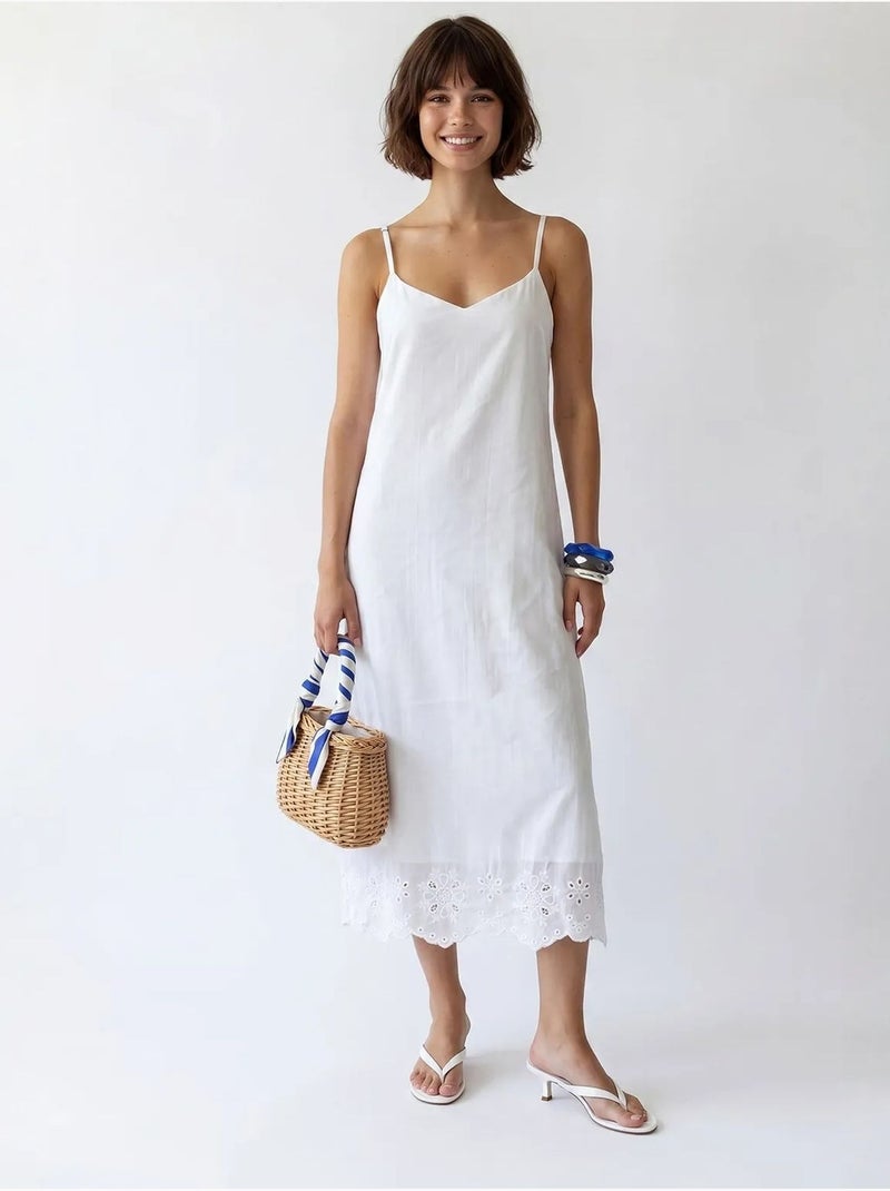 Vestido lencero midi de línea a bordado mixray Blanco - Kiabi