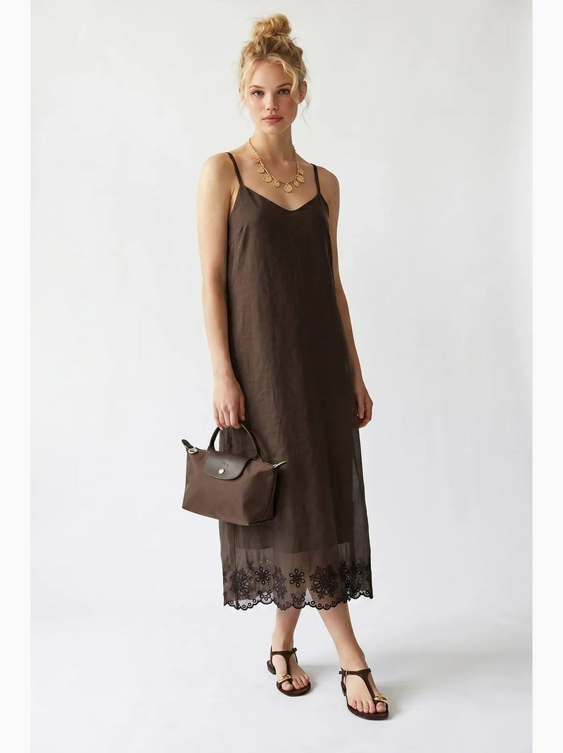 Vestido lencero midi de línea a bordado mixray Marrón - Kiabi