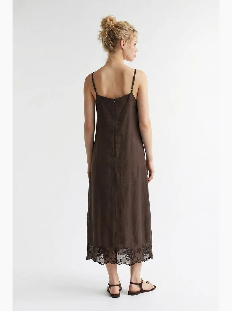 Vestido lencero midi de línea a bordado mixray Marrón - Kiabi