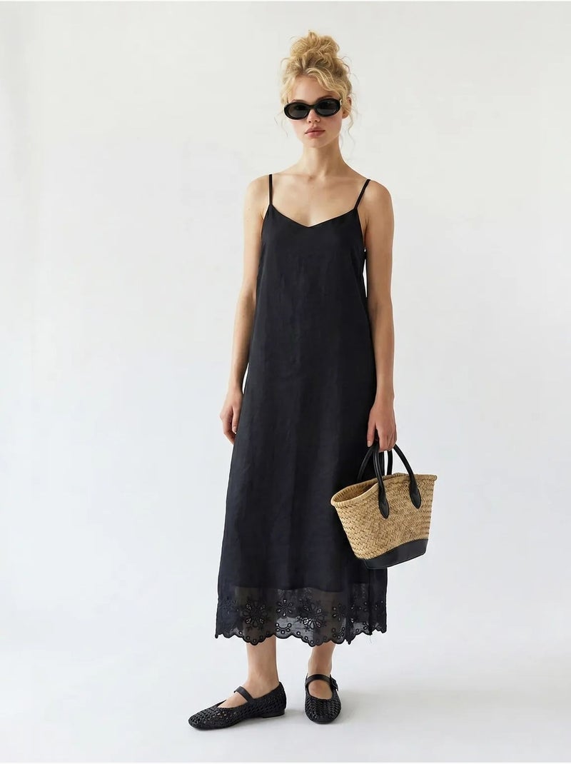 Vestido lencero midi de línea a bordado mixray Negro - Kiabi