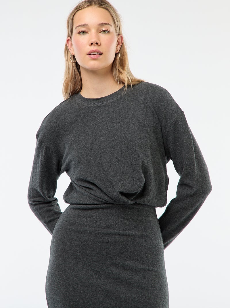 Vestido liso corte midi de manga larga Gris - Kiabi