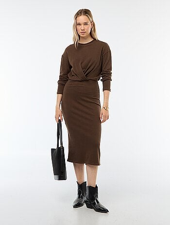 Vestido liso corte midi de manga larga