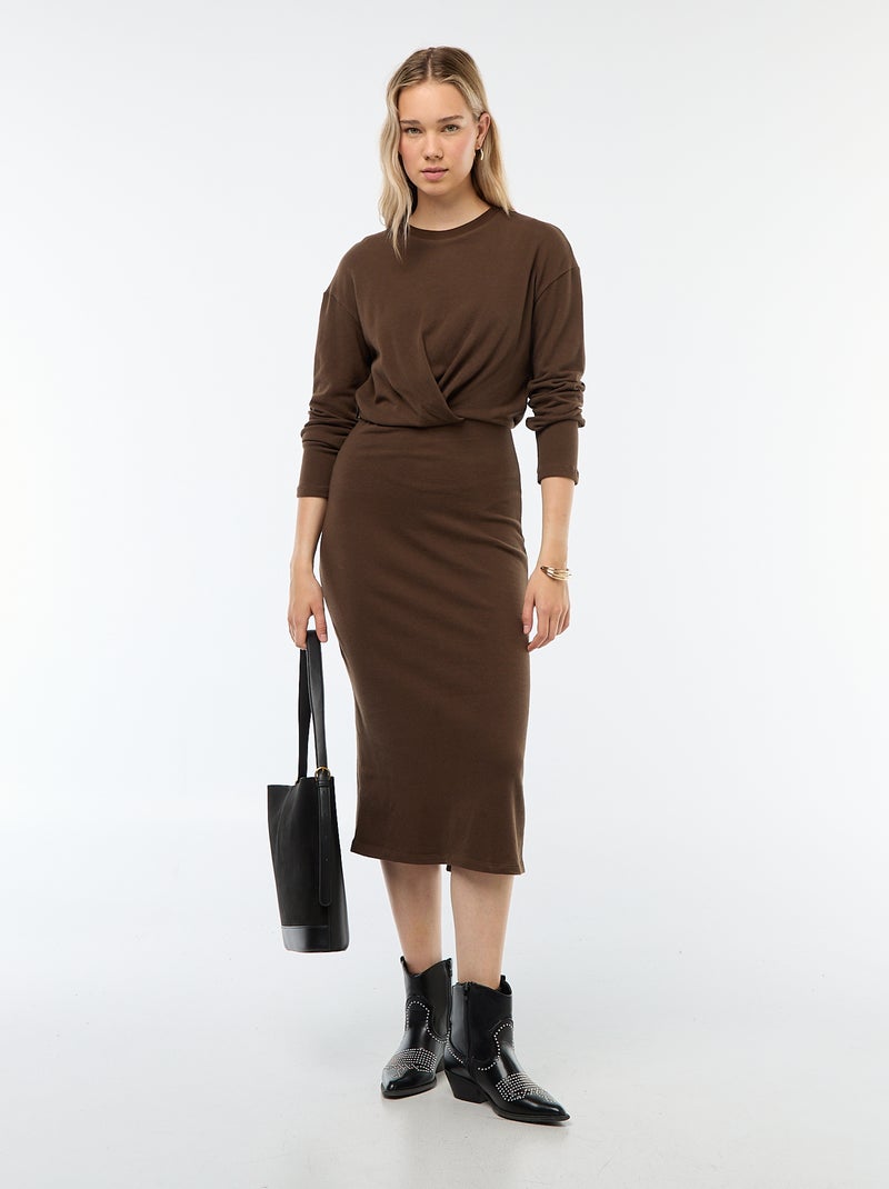 Vestido liso corte midi de manga larga Marron - Kiabi