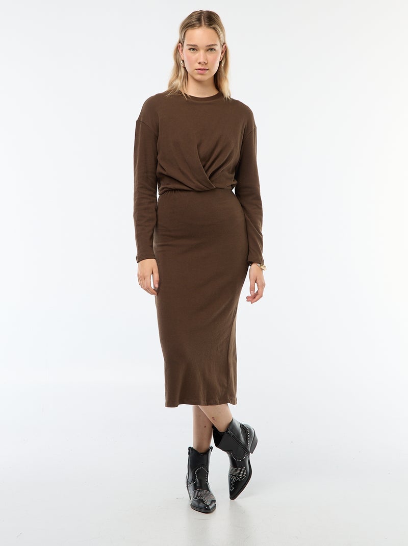 Vestido liso corte midi de manga larga Marron - Kiabi