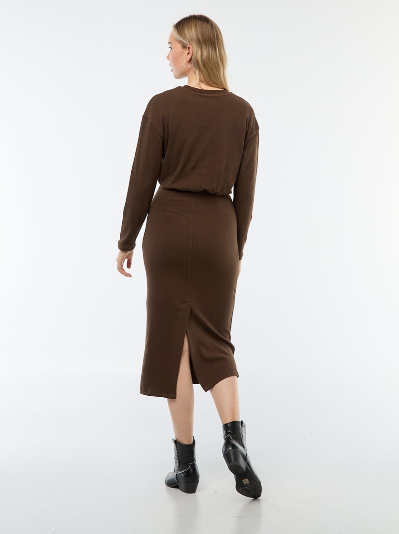 Vestido liso corte midi de manga larga Marron - Kiabi
