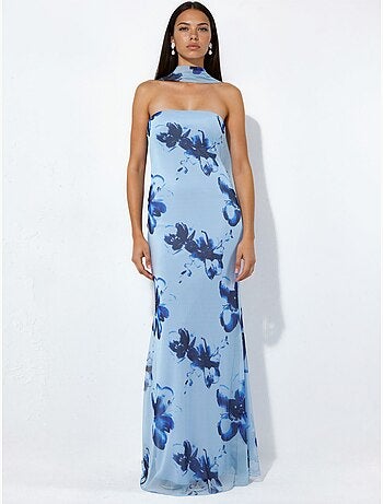 Vestido maxi ajustado con flores y sin tirantes