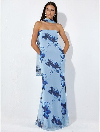Vestido maxi ajustado con flores y sin tirantes