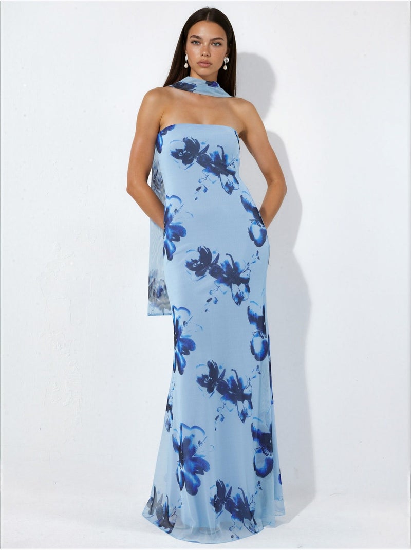 Vestido maxi ajustado con flores y sin tirantes Azul cielo - Kiabi