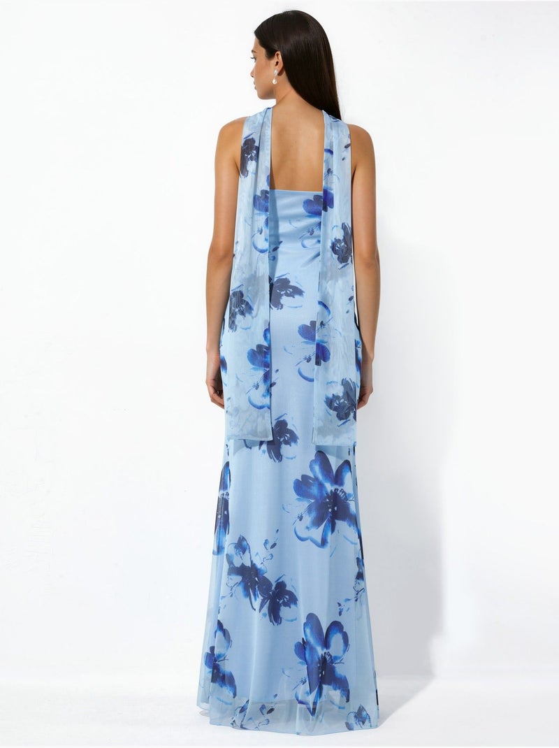 Vestido maxi ajustado con flores y sin tirantes Azul cielo - Kiabi