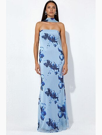 Vestido maxi ajustado con flores y sin tirantes hiccup