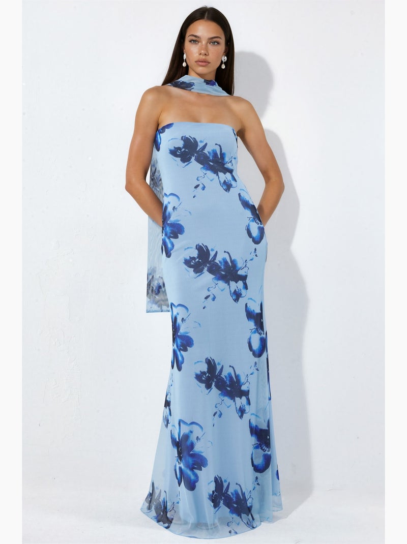 Vestido maxi ajustado con flores y sin tirantes hiccup Azul cielo - Kiabi