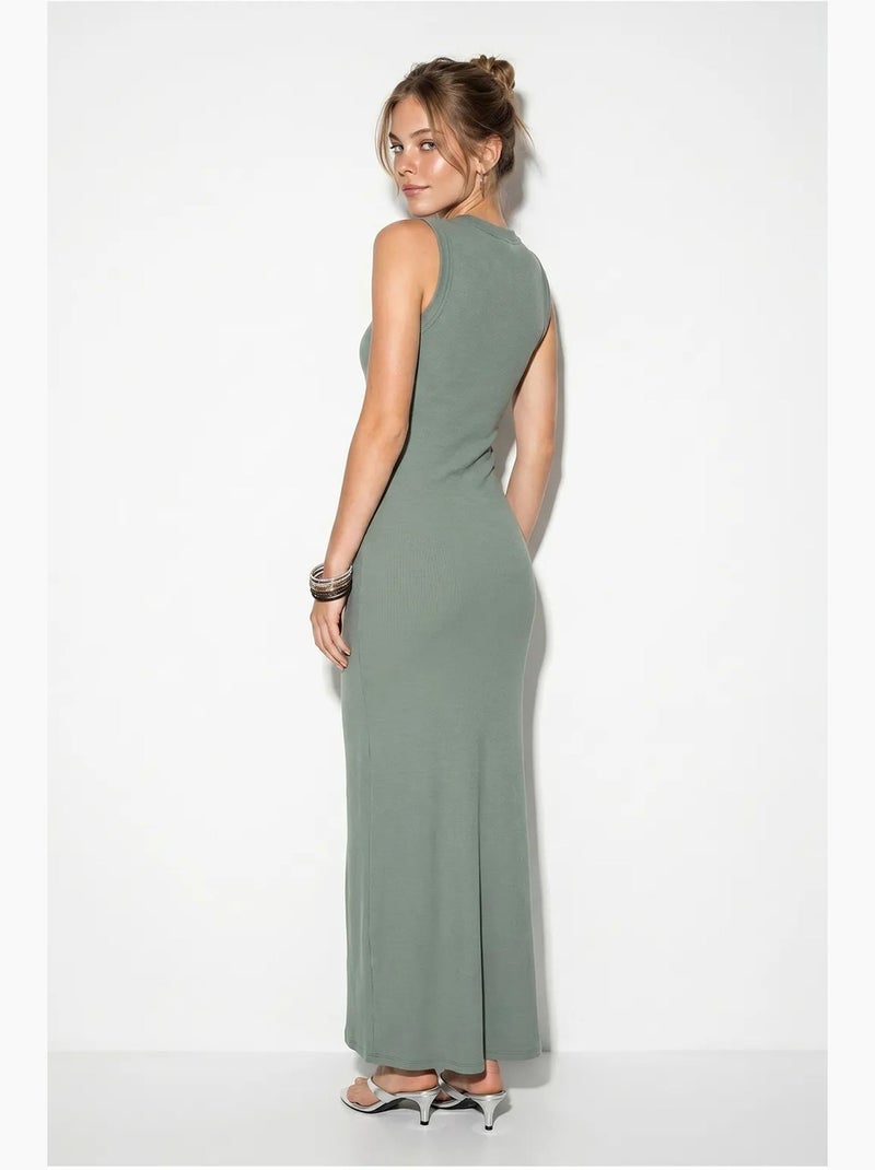 Vestido maxi ajustado de canalé sin mangas lucci Caqui - Kiabi