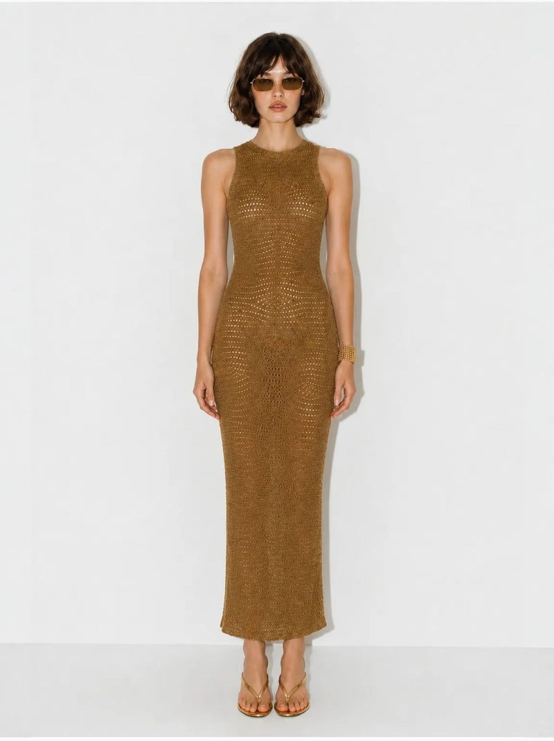 Vestido maxi bodycon sin mangas de viscosa texturizada lucci Camel - Kiabi