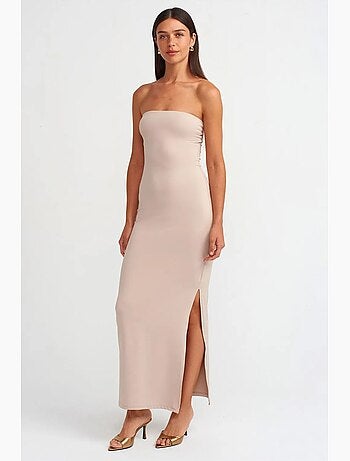Vestido maxi bodycon sin tirantes con abertura dilvin