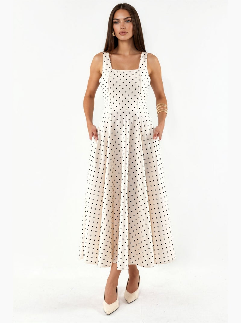Vestido maxi de escote cuadrado con lunares hiccup Crema - Kiabi