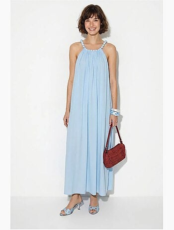 Vestido maxi de mujer con cuello halter y bolsillo lucci