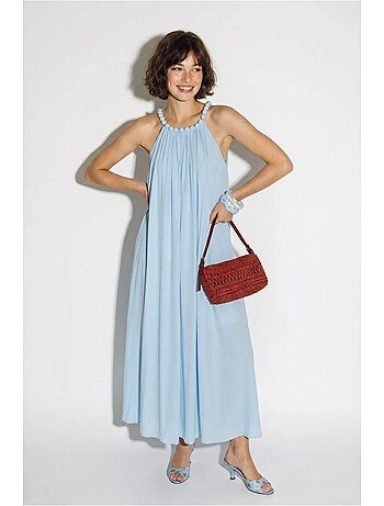Vestido maxi de mujer con cuello halter y bolsillo lucci